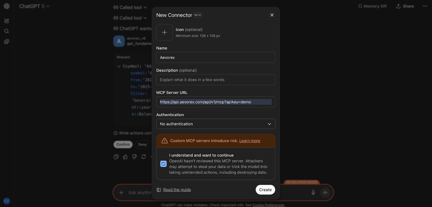 Create Custom Connector with Aevorex Details