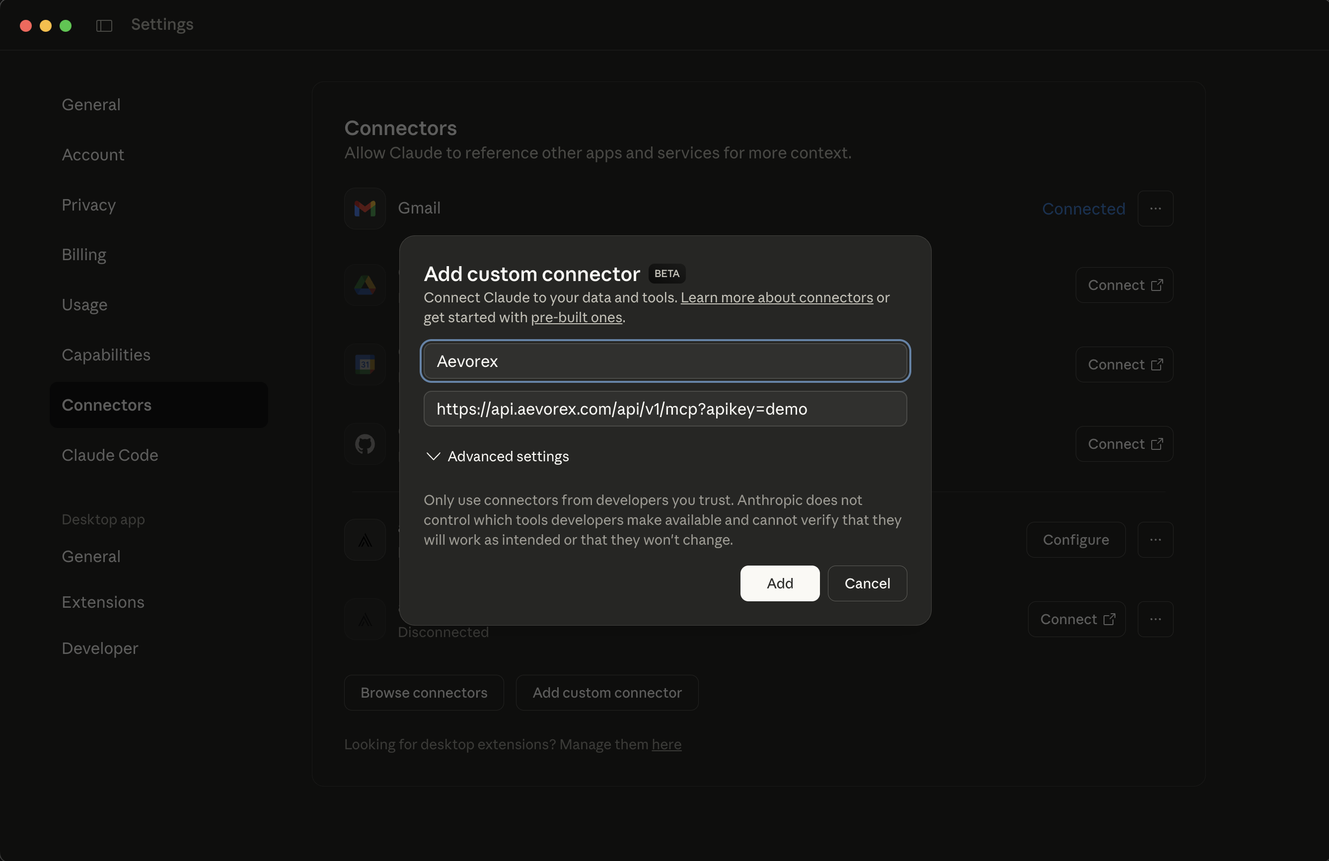 Claude Desktop Setup Step 2 - Fill in Aevorex Details