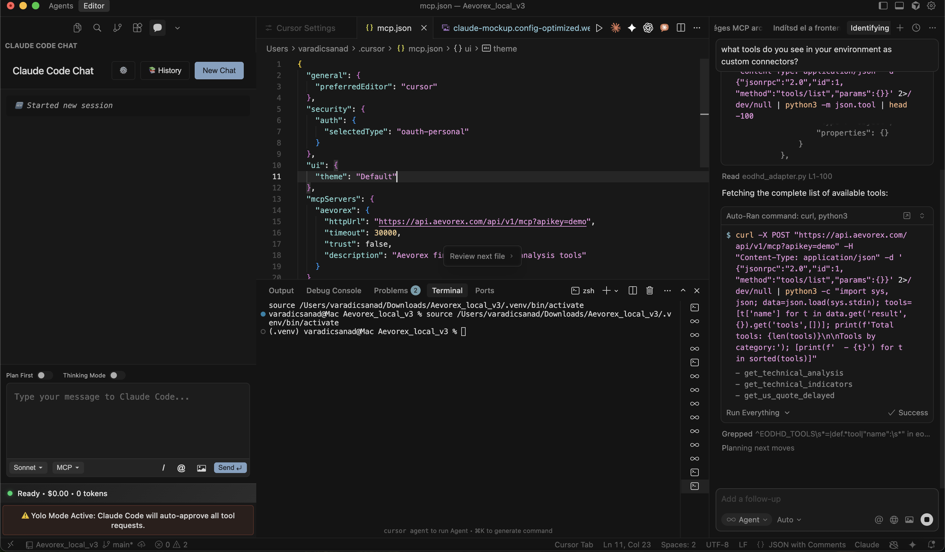 Cursor showing available Aevorex tools