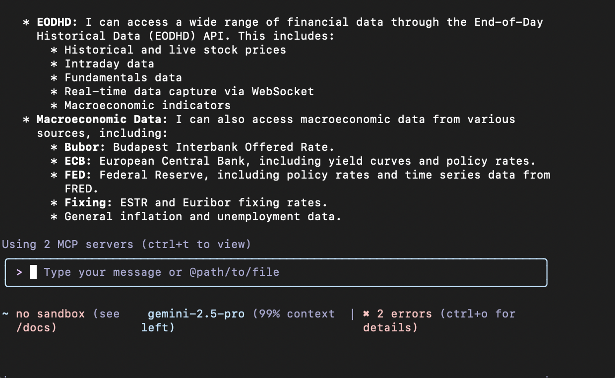 Gemini CLI showing available financial tools